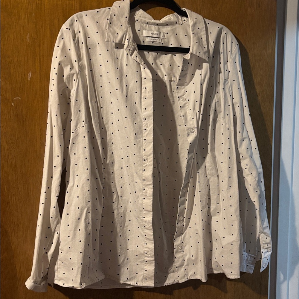 Ricki’s white with navy polka dot button up shirt